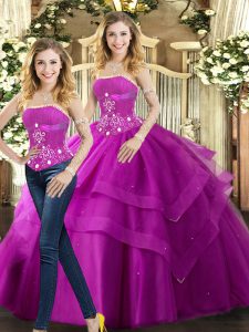 Sumptuous Sleeveless Tulle Floor Length Lace Up Sweet 16 Quinceanera Dress in Fuchsia with Beading and Ruffles
