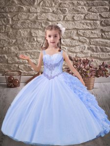 Classical Lavender Lace Up Little Girls Pageant Dress Wholesale Beading and Ruffles Sleeveless Brush Train