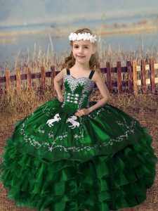 Lovely Green Pageant Gowns Wedding Party with Embroidery and Ruffled Layers Straps Sleeveless Lace Up
