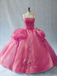 Sleeveless Floor Length Appliques Lace Up Quinceanera Gown with Pink