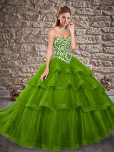 Sleeveless Embroidery and Ruffled Layers Lace Up Sweet 16 Quinceanera Dress with Green Brush Train