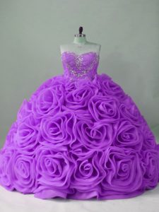 Fantastic Lavender Fabric With Rolling Flowers Lace Up Quinceanera Gowns Sleeveless Brush Train Beading