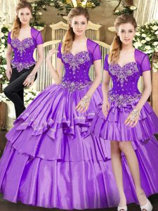 Lavender Sweetheart Lace Up Beading and Ruffled Layers 15 Quinceanera Dress Sleeveless