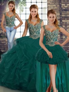 Peacock Green Sweet 16 Quinceanera Dress Military Ball and Sweet 16 and Quinceanera with Beading and Ruffles Straps Slee