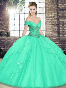Fine Apple Green Tulle Lace Up Off The Shoulder Sleeveless Floor Length Quinceanera Gown Beading and Ruffles