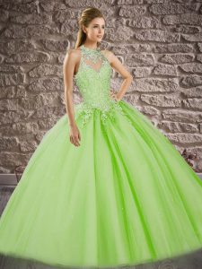 Ball Gowns Halter Top Sleeveless Tulle Sweep Train Lace Up Beading and Appliques Sweet 16 Dress