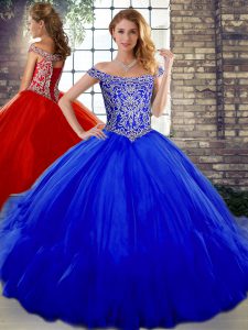 Tulle Off The Shoulder Sleeveless Lace Up Beading and Ruffles 15 Quinceanera Dress in Royal Blue