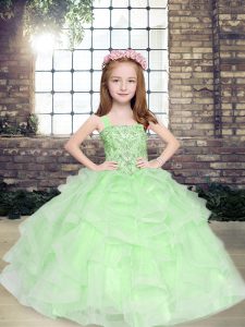 Apple Green Lace Up Straps Beading and Ruffles Pageant Gowns For Girls Tulle Sleeveless