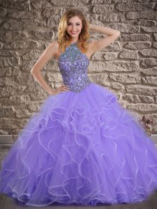 Fine Lavender Ball Gowns Beading and Ruffles Quinceanera Gowns Lace Up Tulle Sleeveless