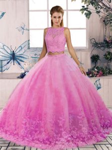 Vintage Rose Pink Backless Scalloped Lace Quinceanera Gown Tulle Sleeveless Sweep Train