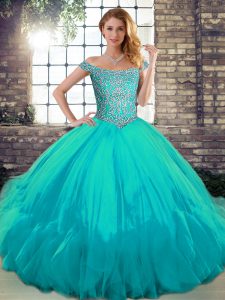 Aqua Blue Ball Gowns Beading and Ruffles Sweet 16 Quinceanera Dress Lace Up Tulle Sleeveless Floor Length