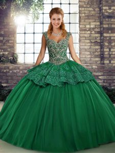 Inexpensive Straps Sleeveless Tulle Quinceanera Gown Beading and Appliques Lace Up