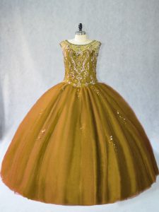 Brown Sleeveless Floor Length Beading Lace Up Quinceanera Dress