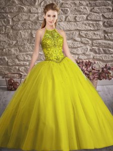 Simple Yellow Green Quince Ball Gowns Halter Top Sleeveless Brush Train Lace Up