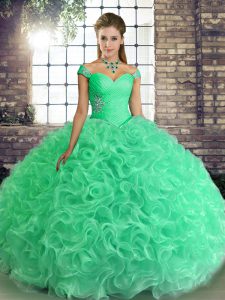 Sophisticated Turquoise Ball Gown Prom Dress Military Ball and Sweet 16 and Quinceanera with Beading Off The Shoulder Sl