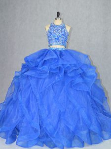 Artistic Blue Backless Sweet 16 Dress Beading and Ruffles Sleeveless Court Train