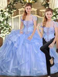 Adorable Lavender Two Pieces Organza Strapless Sleeveless Beading and Ruffles Floor Length Lace Up Sweet 16 Dresses