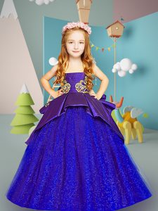 Scoop Sleeveless Little Girls Pageant Gowns Floor Length Embroidery Blue Satin and Tulle