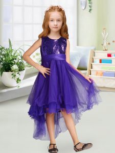 Gorgeous Sleeveless Organza High Low Zipper Toddler Flower Girl Dress in Purple with Sequins and Bowknot
