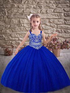 Graceful Royal Blue Lace Up Child Pageant Dress Beading Sleeveless Sweep Train