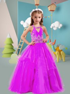 Halter Top Sleeveless Little Girls Pageant Gowns Floor Length Beading and Embroidery Purple Organza
