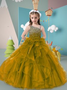 Great Floor Length Olive Green Little Girls Pageant Dress Organza Sleeveless Beading and Ruffles