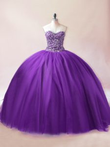 Beading Quinceanera Gowns Purple Lace Up Sleeveless Floor Length