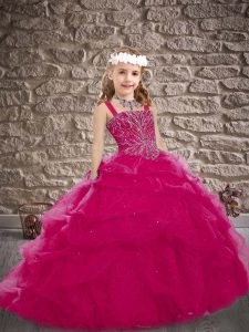 Beauteous Fuchsia Straps Lace Up Beading and Pick Ups Pageant Gowns For Girls Brush Train Sleeveless