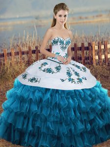 Organza Sweetheart Sleeveless Lace Up Embroidery and Ruffled Layers and Bowknot Ball Gown Prom Dress in Blue And White