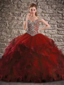 Popular Tulle Off The Shoulder Cap Sleeves Brush Train Lace Up Beading and Ruffles Sweet 16 Dresses in Burgundy