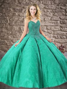Fabulous Turquoise Lace Lace Up 15th Birthday Dress Sleeveless Floor Length Beading