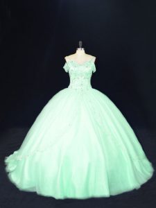 Sleeveless Tulle Court Train Lace Up Sweet 16 Dresses in Apple Green with Beading