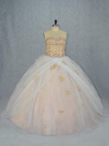 Fashion Tulle Sweetheart Sleeveless Lace Up Beading and Appliques 15 Quinceanera Dress in Champagne