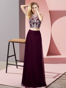 Gorgeous Sleeveless Chiffon Floor Length Backless Prom Dresses in Burgundy with Beading