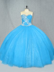 Stylish Blue Ball Gowns Beading Quinceanera Gowns Lace Up Tulle Sleeveless Floor Length