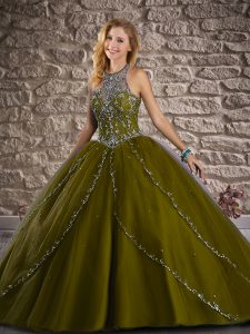 Olive Green Ball Gown Prom Dress Halter Top Sleeveless Brush Train Lace Up