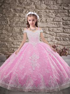 Rose Pink Sleeveless Beading and Appliques Lace Up Little Girl Pageant Gowns