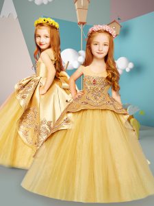 Perfect Gold Satin and Tulle Lace Up Scoop Sleeveless Little Girls Pageant Gowns Brush Train Beading and Embroidery