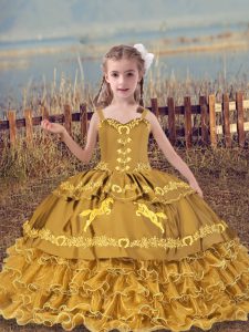 Perfect Beading and Embroidery and Ruffled Layers Little Girls Pageant Gowns Gold Lace Up Sleeveless Floor Length