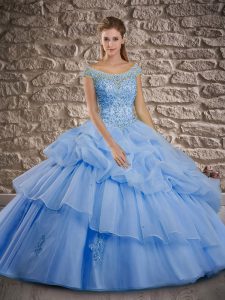 Blue Ball Gowns Off The Shoulder Cap Sleeves Organza Brush Train Lace Up Beading and Pick Ups Sweet 16 Quinceanera Dress