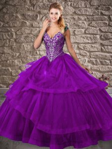 Purple Organza Lace Up V-neck Sleeveless Quinceanera Gown Brush Train Beading and Ruffled Layers