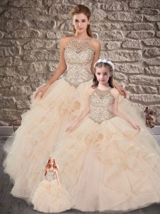 Chic Champagne Tulle Lace Up Ball Gown Prom Dress Sleeveless Brush Train Beading and Ruffles