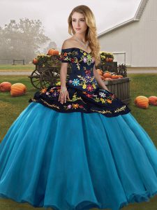 Off The Shoulder Sleeveless Quinceanera Dresses Floor Length Embroidery Blue And Black Tulle