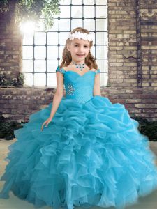 Blue Sleeveless Floor Length Beading and Ruffles and Pick Ups Lace Up Girls Pageant Dresses