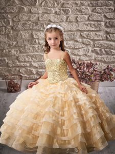 Champagne Ball Gowns Organza Straps Sleeveless Beading and Ruffled Layers Lace Up High School Pageant Dress Brush Train