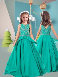 Sleeveless Floor Length Beading Zipper Kids Formal Wear with Turquoise