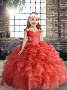 Straps Sleeveless Little Girls Pageant Dress Floor Length Beading and Ruffles and Pick Ups Coral Red Organza