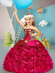 Lace Up Kids Pageant Dress Fuchsia for Wedding Party with Embroidery Sweep Train