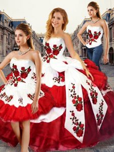 Trendy White And Red Organza Lace Up Quinceanera Dresses Sleeveless Floor Length Embroidery and Ruffled Layers and Bowkn
