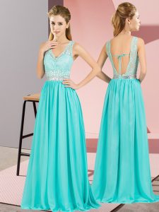 Graceful Floor Length Aqua Blue Prom Evening Gown V-neck Sleeveless Backless